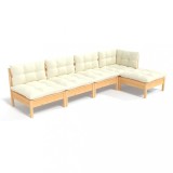 Set mobilier gradina cu perne crem, 5 piese, lemn de pin