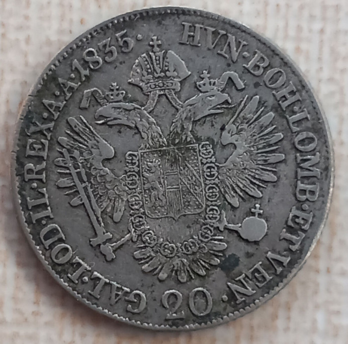 (A814) MONEDA DIN ARGINT AUSTRIA - 20 KREUZER 1835, LIT. E (ALBA IULIA) MAI RARA