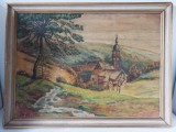 Tablou peisaj montan cu biserică barocă și p&acirc;r&acirc;u &ndash; pictură originală semnată, 1945