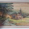 Tablou peisaj montan cu biserică barocă și p&acirc;r&acirc;u &ndash; pictură originală semnată, 1945
