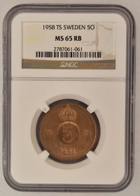 Sweden Suedia 5 Ore 1958 NGC MS65 KM#822 foto