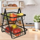 Cos de fructe cu doua etaje, pliabil, lemn + metal, culoare neagra, AVEX