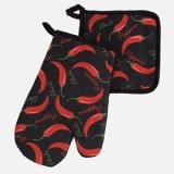 Set Mănușă și Șervețel de Bucătărie Negre cu Model Chilli, 2 buc, CMCLASS