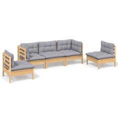 Set mobilier de gradina cu perne gri, 5 piese, lemn masiv pin