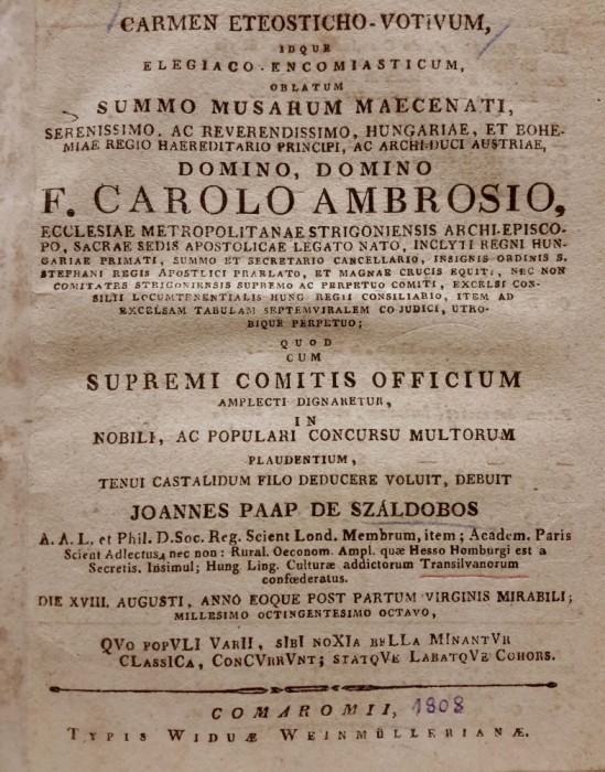 Ioan Pop de Săldăbagiu, ELEGIA CARMEN...VOTIVUM, Comarom, 1808