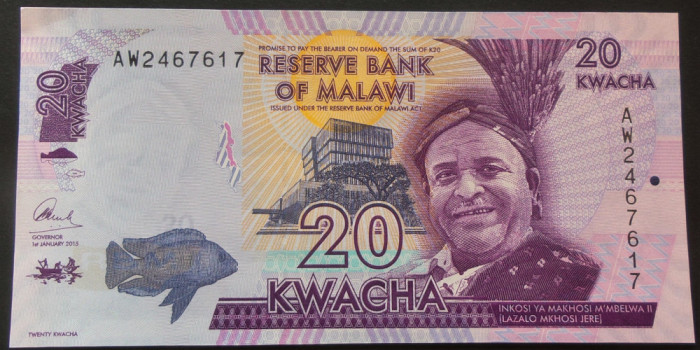 Bancnota EXOTICA 20 KWACHA - MALAWI, anul 2015 *Cod 453 A = UNC