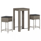 Set mobilier bar de gradina, cu perne, 3 piese, gri, poliratan