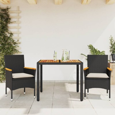 vidaXL Set mobilier grădină perne 3 piese negru poliratan/lemn acacia foto