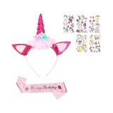 Cumpara ieftin Set 8 piese, coronita, bentita si stickere cu unicorn, poliester, plastic, multicolor