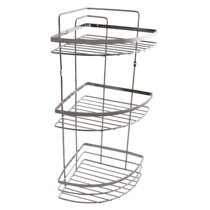 Etajera pentru baie, din metal, pe colt, trei rafturi cu rama, crom lucios, 210 x 210 x 550 mm