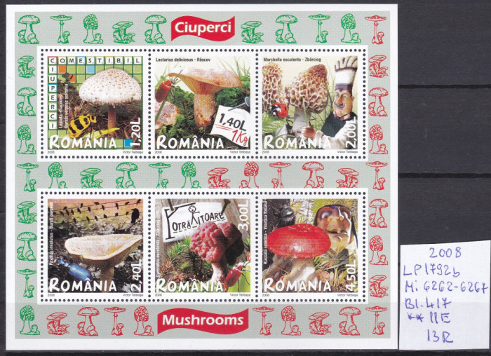 2008 Ciuperci LP1792b Bl.418 MNH Pret 13+1 Lei