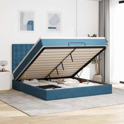 vidaXL Cadru pat otoman cu saltele Albastru &amp;icirc;nchis 180x200cm catifea 3314484 foto