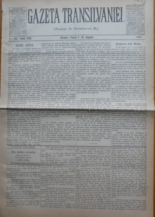 Gazeta Transilvaniei , Numar de Dumineca , Brasov , nr. 172 , 1907