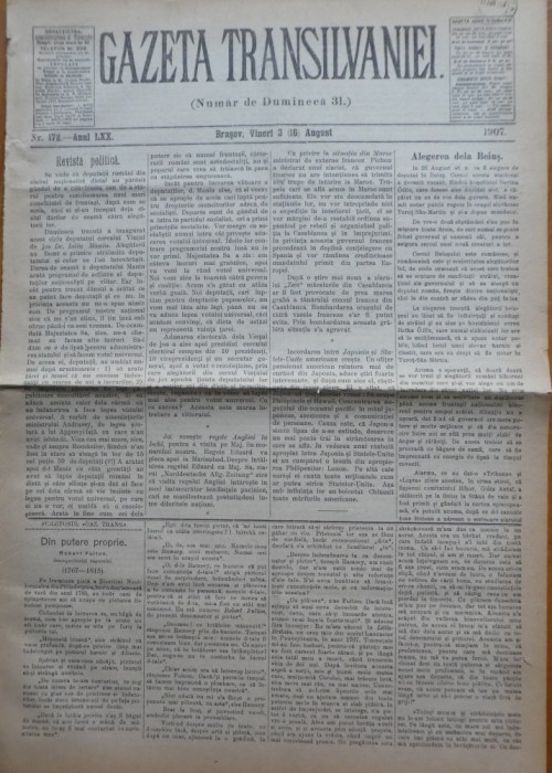 Gazeta Transilvaniei , Numar de Dumineca , Brasov , nr. 172 , 1907