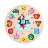 Jucarie educativa flippy, tip montessori, model ceas pinguin, din lemn, + 36 luni, 12 piese, 17.2 cm, multicolor
