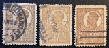 Rom&acirc;nia Regat - Regele Ferdinand I - Lot de 3 Timbre &icirc;n Nuanțe de Brun/Ocru cu Ștampile Speciale &amp; Obliterare "Linii" (1919-1920) RO2