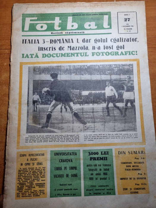 fotbal 1 decembrie 1966-italia-romania 3-1,universitatea craiova pe primul loc