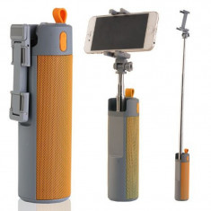 Boxa portabila 3 in1 cu selfie stick si powerbank, 10 W, Gri/Portocaliu foto