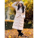 Geaca dama lunga crem cu blana naturala si cordon in talie