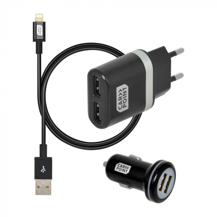 Set incarcare telefon Carpoint Premium, incarcator bricheta cu 2 iesiri USB, cablu cu cablu conector hibrid MicroUSB MFi Dock