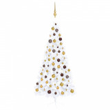 Set jumătate brad Crăciun artificial LEDuri&amp;globuri, alb 210 cm