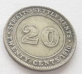 392. Moneda Straits Settlements 20 cents 1910 - Argint, Asia