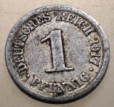 Moneda Germania 1 Pfennig 1917 A, Wilhelm II, Aluminiu, WWI KM#24