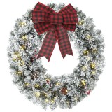 HOMCOM Coroniță Crăciun 60 cm, Lumini LED Alb Cald, Verde, Fundă, Conuri Pin, Bobițe