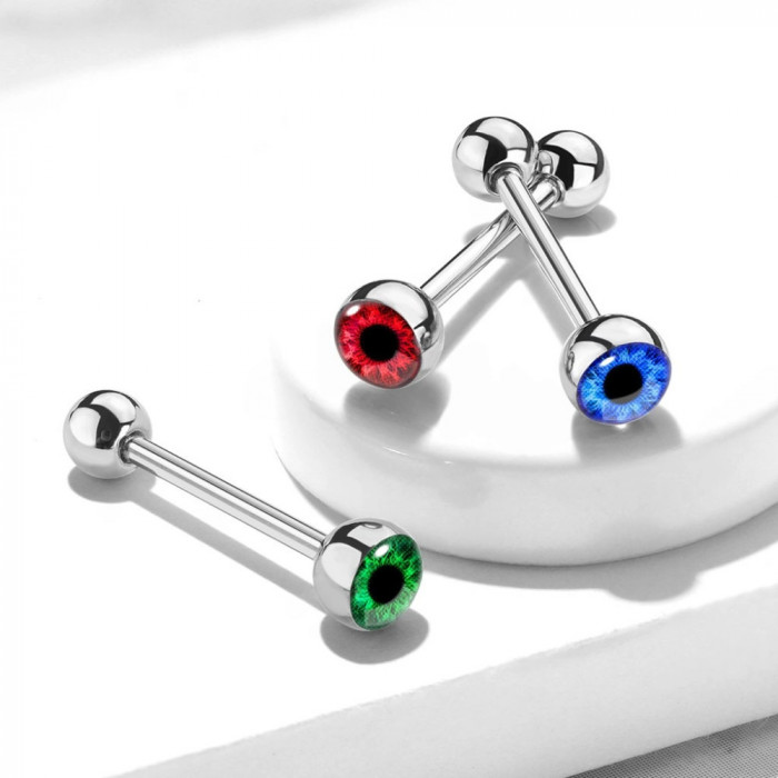 Piercing drept din oțel 316L, pentru limbă - ochi colorat - Culoare: Verde