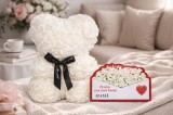Cadou 8 martie Urs din Trandafiri 25cm Flori de Spuma si magnet - alb
