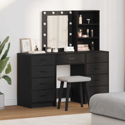 Set masă toaletă cu LED, 3 piese, negru, lemn prelucrat foto