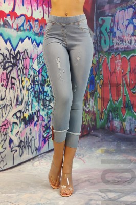 D861-100 Blugi tip colanti cu talie inalta din denim cu model destroyed foto