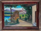 Anii 60 Tablou pictura naiva cu colaj foto / romanesc /posibil Dobrogea 60 x 46, Natura, Ulei, Altul