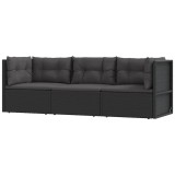 Set mobilier de gradina cu perne, 3 piese, negru, poliratan