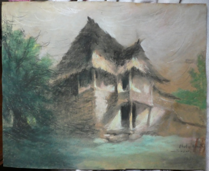 Pastel de Alexandru Severin , Cula din Ohaba , Mehedinti , semnat si datat, 1940