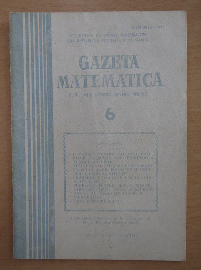 Revista Gazeta Matematica. Anul LXXXIX, nr. 6 / 1984