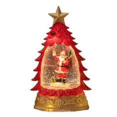 Decoratiune de craciun tip brad, flippy, glob de cristal cu fulgi de zapada, model mos craciun, iluminare led, 16 x 9 x 5 cm, carcasa vintage rosu, tr