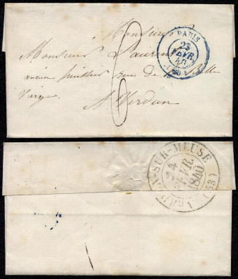 France 1840 Postal History Rare Stampless cover Paris to Verdun-sur-Meuse D.771 foto
