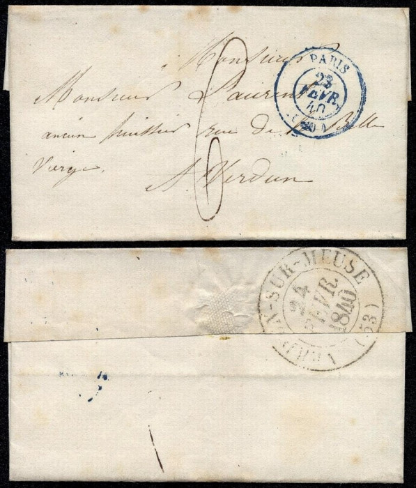 France 1840 Postal History Rare Stampless cover Paris to Verdun-sur-Meuse D.771