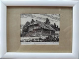 Casa din lemn - gravură semnată R.S.
