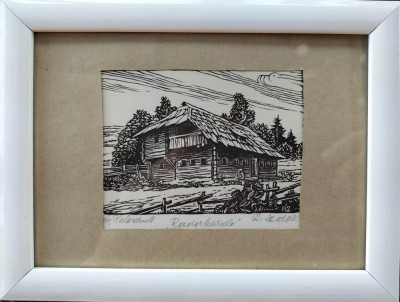 Casa din lemn - gravură semnată R.S. foto