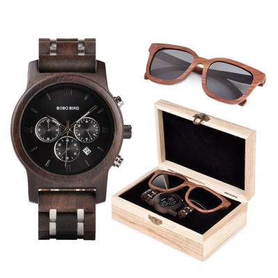Set ceas din lemn Bobo Bird P19 si ochelari de soare din lemn foto