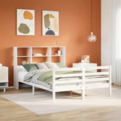 vidaXL Pat cu bibliotecă fără saltea, alb, 140x200 cm, lemn masiv pin 3322238 foto