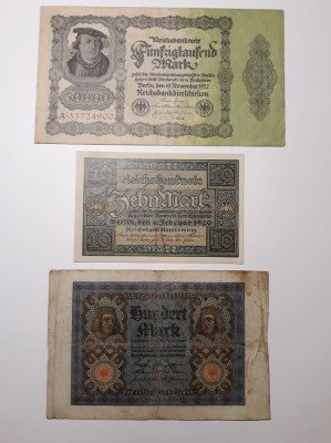 BANCNOTE GERMANIA - 10 MARCI 1920 - 100 MARCI 1920 - 50000 1922 - LOT DE 3 BUC foto