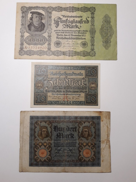 BANCNOTE GERMANIA - 10 MARCI 1920 - 100 MARCI 1920 - 50000 1922 - LOT DE 3 BUC