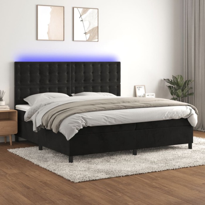 Gossi pat cu arcuri, saltea si led, negru, 200x200 cm, catifea