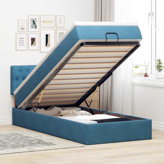 vidaXL Cadru de pat otoman cu saltea Albastru &icirc;nchis 100x200cm catifea 3312678