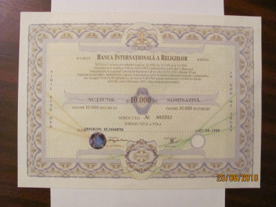 &amp;quot;Actiune Nominativa 10000 lei Banca Internationala a Religiilor BIR 1998&amp;quot; / RARA foto