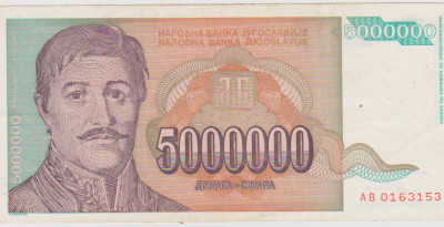 BANCNOTA 5 000000 DINARI 1993 JUGOSLAVIA/VF foto