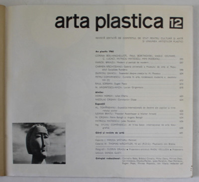 ARTA PLASTICA , REVISTA EDITATA DE COMITETUL DE STAT PENTRU CULTURA SI ARTA SI UNIUNEA ARTISTILOR PLASTICI , ANUL XII , NR. 12 , 1965 , LIPSA COPERTA foto